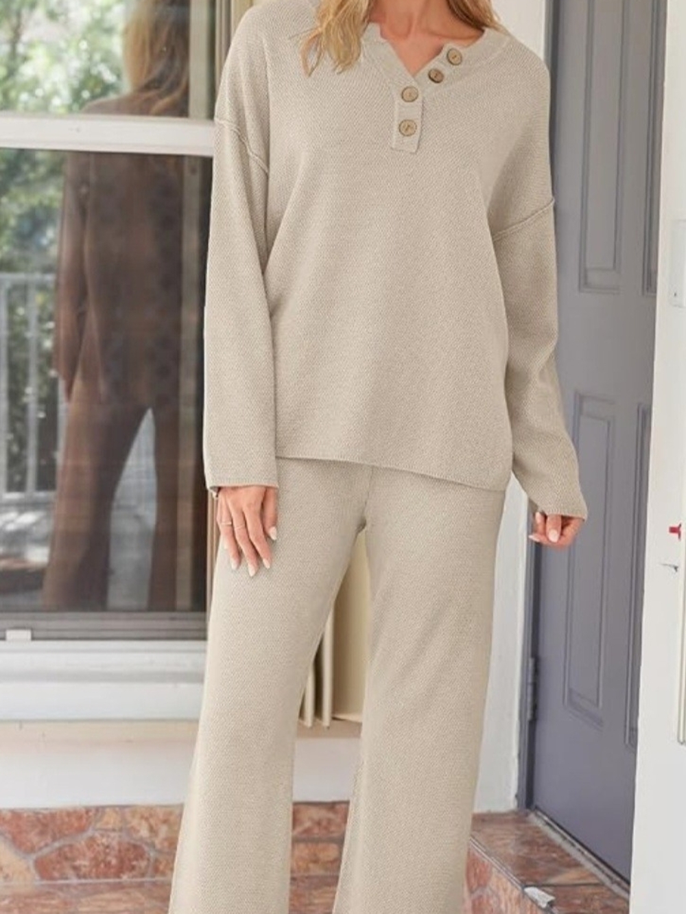 Women's Beige Button-Neck Knit Lounge Set